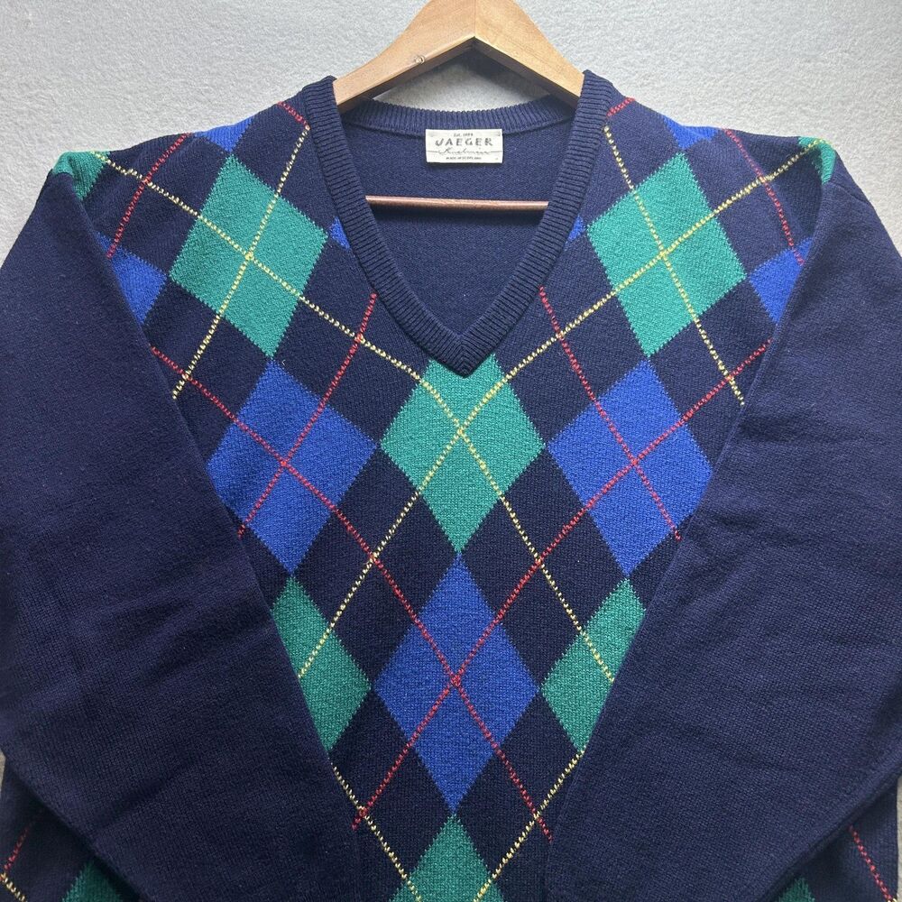 Vintage Mr. Rogers Sweater Mens Large Navy Argyle V Neck Made in Scotland Preppy - Picture 5 of 9